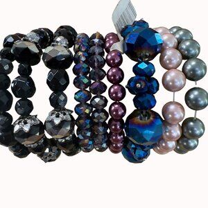 Set Of 9 Beaded Stretch Bracelets In Black Purple & Blue With Rhinestone Accents